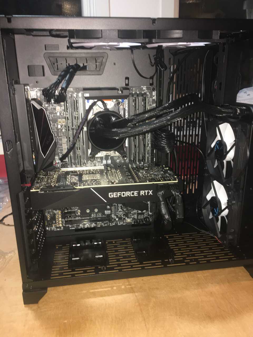 nearly complete build in case with cpu cooler attached and GPU